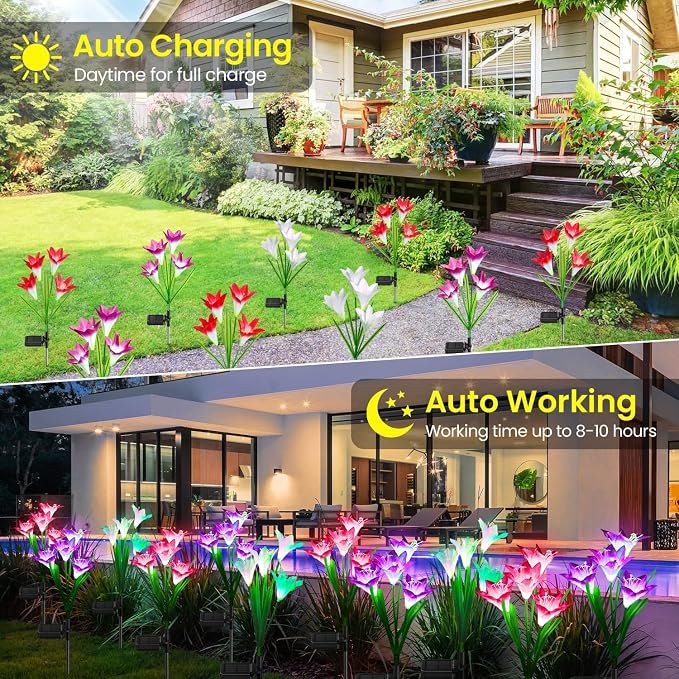 KOOPER Outdoor Solar Lights, 8 Pack Solar Garden Light with Bigger Lily Flowers, Waterproof 7 Color Changing Solar Lights Outdoor - Bigger Panel for Patio Yard Garden Decoration, Gift for Mom