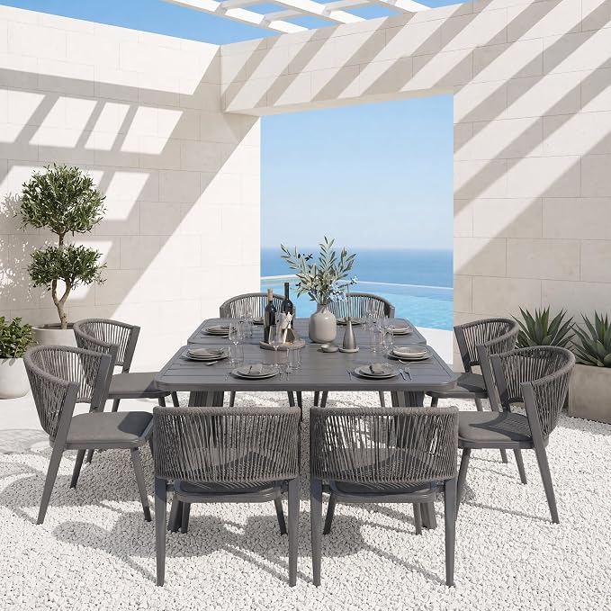 10-Pcs Aluminum Square Outdoor Dining Set, All-Weather Rattan Patio Furniture Set Include Two 51.2" Rectangular Tables & 8 PE Wicker Chairs with Waterproof Cushions for Garden Deck BBQ & Party (Grey)