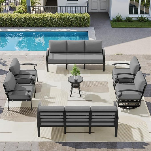 Aluminum Patio Furniture Set, 10 Seats Outdoor Patio Conversation Sets with Swivel Chair Modern Metal Sectional Sofa with Upgrade Cushions for Patio, Backyard - Grey