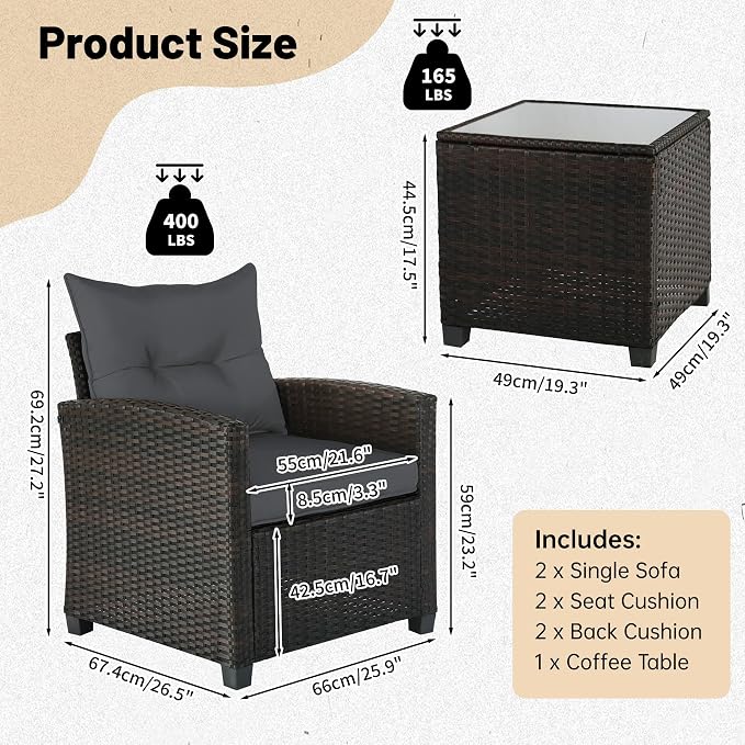 SHGJ&SOFT 3 Pieces Patio Furniture Set, Outdoor Conversation Set with Cushions, PE Rattan Wicker Bistro Set and Tempered Glass Tabletop, Outdoor Rattan Sofa for Poolside,Porch,Balcony (Grey)