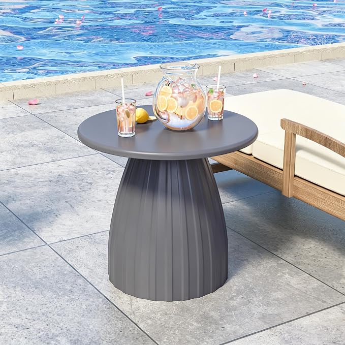 Round Metal Outdoor Patio Side Table, Steel Outdoor Accent Table, Small Patio End Table, for Garden, Pool, Yard, Balcony, Living Room, Deck, Weather Resistant, No Assembly, Grey