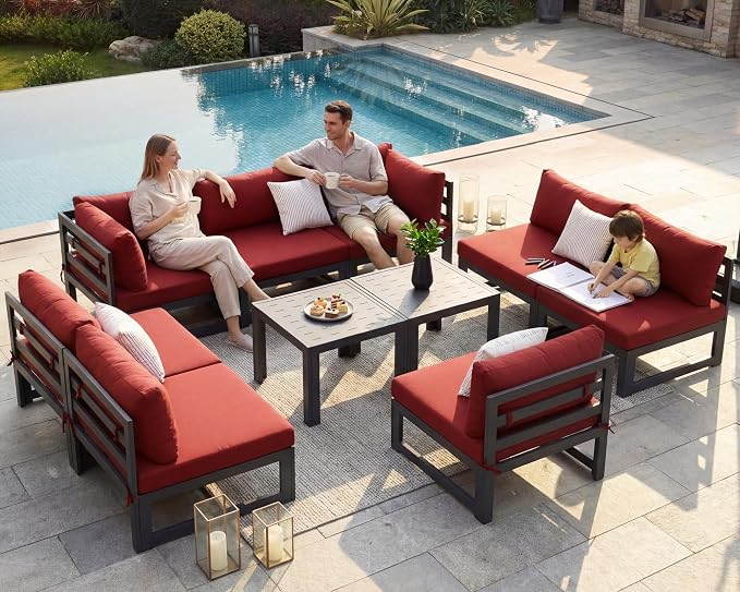NICESOUL 8 Person Modern Aluminum Patio Furniture Set, 500 lbs Heavy Duty Sturdy Outdoor Sectional Sofa, 29" Deep Wide Large Seating, L Shaped Modular Conversation Couch for Garden Backyard, Burgundy