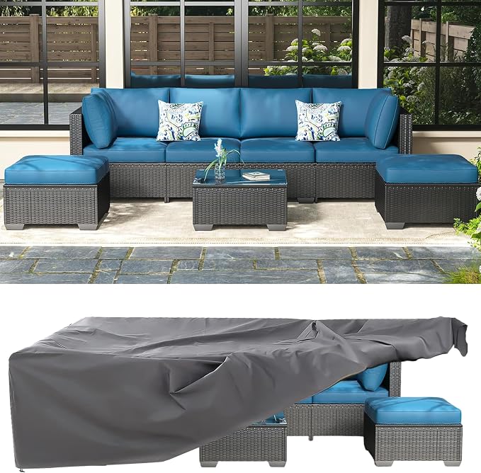AECOJOY 7 Piece Outdoor Patio Furniture Set, Outdoor Sectional Conversation Furniture Chair with Coffee Table, Patio Sectional for Backyard, Garden(Peacock Blue Cushion and Black Ratta, with Cover)