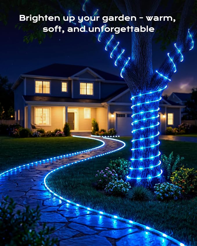 Brightown 2 Pack Total 78FT 200LED Blue Solar Rope Lights Waterproof | IP65 waterproof solar fairy lights with 8 lighting modes, solar powered, perfect decor for yard, garden and outdoor tree