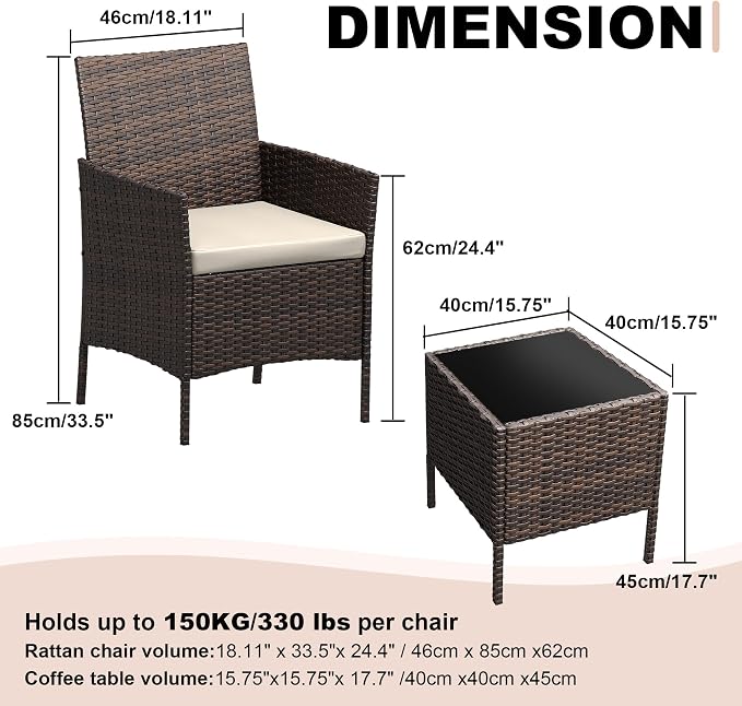 GarveeLife 3-Piece Patio Furniture Set, Rattan Outdoor Furniture with 2 Chairs & Coffee Table, Modern Outdoor Seating Conversation Bistro Set for Garden Backyard Porch (Brown and Beige)
