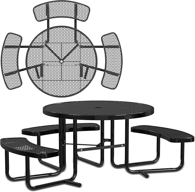 Leisure Craft Metal Picnic Table with Bench - 46" Round Outdoor Dining Table with Umbrella Hole, Heavy Duty Thermoplastic Coating, ADA Compliant, Commercial Grade Furniture Made in USA - Black