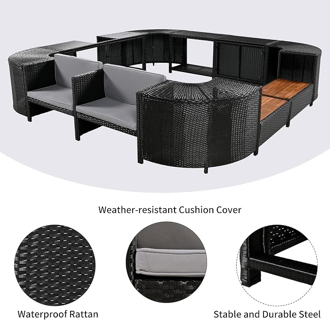Merax Patio Furniture Set with Mini Sofa, Wooden Seats and Storage Spaces, Outdoor Conversation Sets for Patio, Lawn, Garden