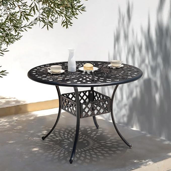 NUU GARDEN Cast Aluminum Outdoor Round Dining Table 42 Inch Patio Table with 2.24 Inch Umbrella Hole for Garden Backyard Balcony Black with Gold-Painted Edges