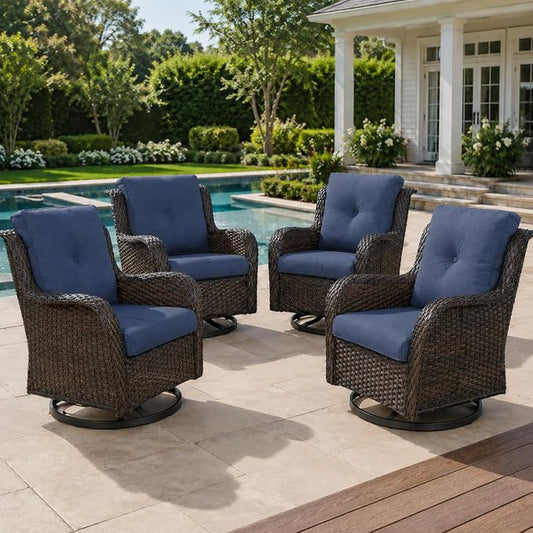 HUMMUH Outdoor Swivel Rocker Wicker Patio Chairs High Back PE Rattan Glider Chairs 4PCS Patio Furniture Set(Brown,Blue)
