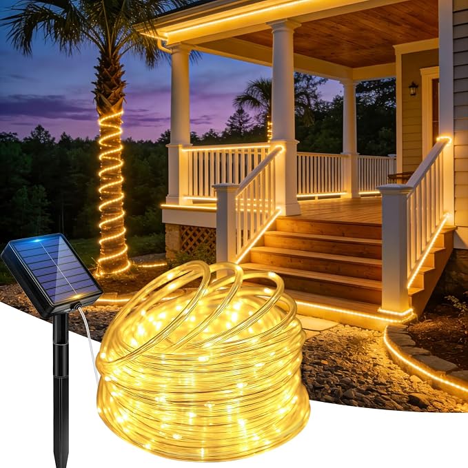 Solar Rope Lights, 20FT 60 LED Solar Fairy Lights with 8 Lighting Modes, IP65 Waterproof Strip Light Outdoor for Garden Yard Patio Deck Fence Tree Party Holiday Decoration, Warm White