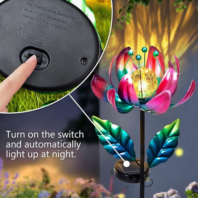 AIINY Solar Purple Metal Flower Wind Spinners, Colorful Spinning Windmill Lotus Yard Art Lights Wind Pinwheels with LED Crystal Ball Decorative Stake Lighting Flower Sculpture