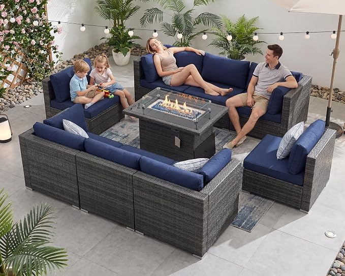 BULEXYARD 9 Piece High Back Outdoor Sectional Seating with Fire Pit Table, Heavy Duty Sturdy Wicker Patio Set Conversation Couch Sofa, Extra Wide Deep Large 8-Person Deck Furniture, Grey & Navy Blue