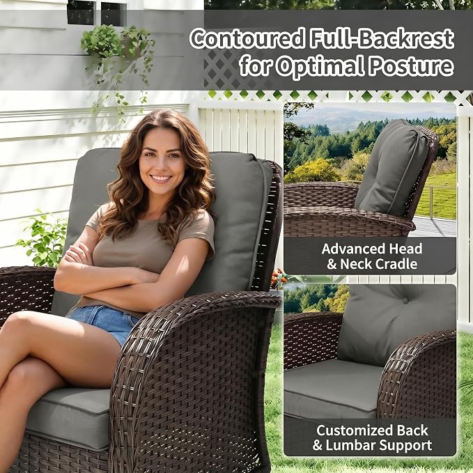 SHGJ&SOFT All Weather Patio Furniture Set, High Back Swivel Rocker Glider Chairs，Ottomans & Glass Tables, Outdoor Conversation Set for Deck Porch Yard Poolside (Grey, 3PCS-Swivle Chairs&Table)