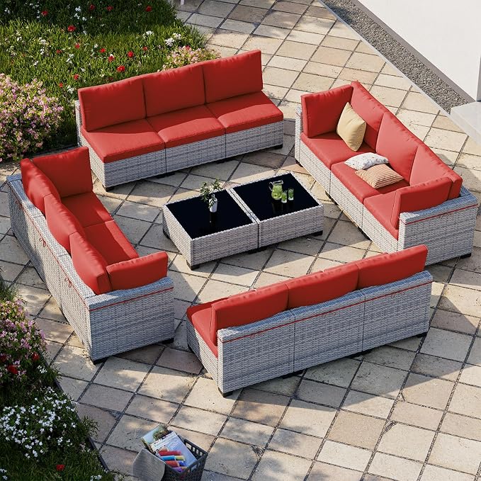 14-Piece Patio Furniture Set, Outdoor Sectional with Thick Cushions, Modular Patio Sofa, Dual-Strand Wicker Rattan, Rust-Resistant Frame, Backyard Furniture for Garden, Deck, Red