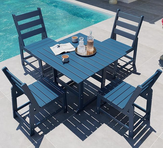 GREENVINES 5-Piece-Outdoor-Dining-Set | HDPE | Square | Patio Furniture | All Weather | Armless Chair | Slatted Table and Chairs Sets for 4 | for Backyard Poolside Garden | Blue