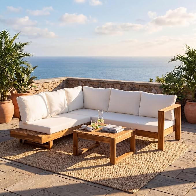 4-Piece Patio Furniture Set, Outdoor Conversation Set with Acacia Wood, Thick Washable Cushions, All-Weather Patio Seating for Backyard, Garden and Poolside(B-Beige)