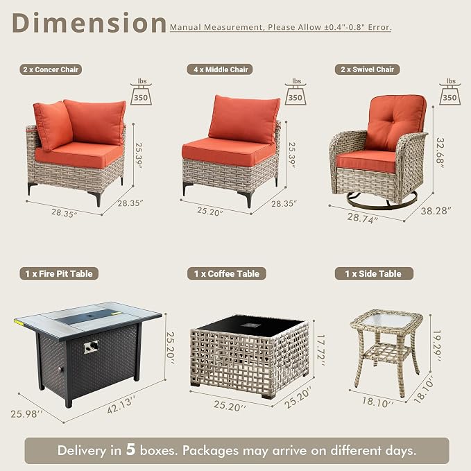 11 Pieces Patio Sectional Furniture Set, Outdoor Wicker Sectional Couch with Firepit Swivel Rocker Chairs Solar Lights Table, Modern Conversation Set for Porch Balcony Backyard, Red