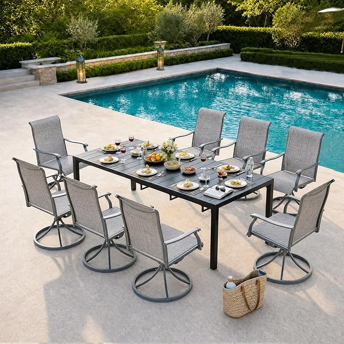 bigget Expandable 8 Person Outdoor Dining Table Set, 9 Piece Outdoor Dining Set with Comfy Highback Swivel Chairs 450LBS, All-Weather Heavy Duty Powder-Coated 8 Seats Dining Set for Outside, Grey