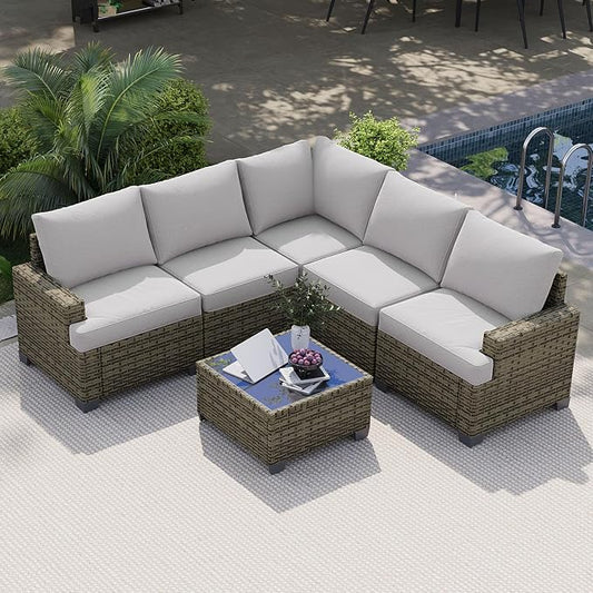 LET'S PATIO Luxury Patio Furniture Set, 6 Piece Outdoor Furniture Set, All-Weather Patio Sectional Sofas with Thickened Cushions, Grey