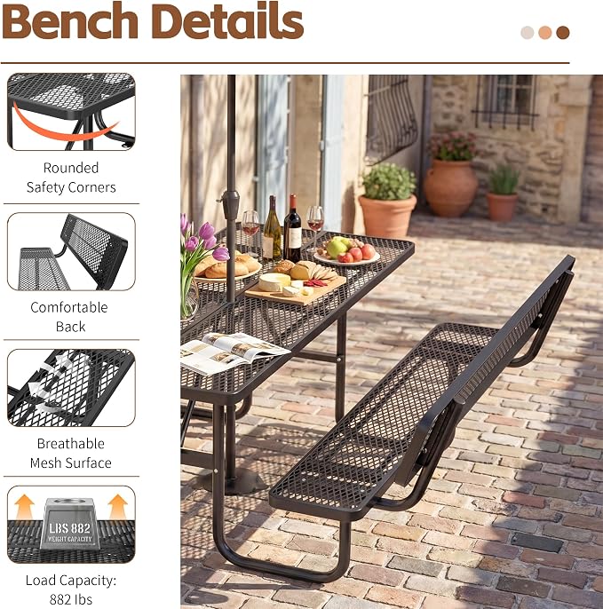 72" Rectangular Metal Picnic Table with Backrest, Commercial Steel Picnic Tables with 1.73" Umbrella Hole, Heavy Duty Picnic Tables for Outdoor Garden Courtyard BBQ, Black