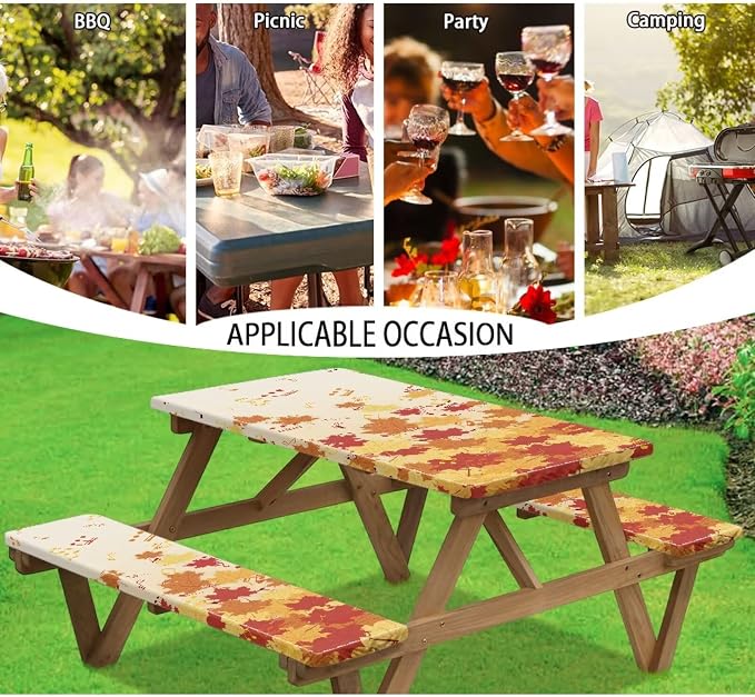 Maple Leaf Picnic Table Cover with Bench Covers Autumn Outdoor Camping Tablecloth Water and Oil Repellent Elastic Waterproof Picnic Table Cover 3 Piece Set for 6 Foot Tables