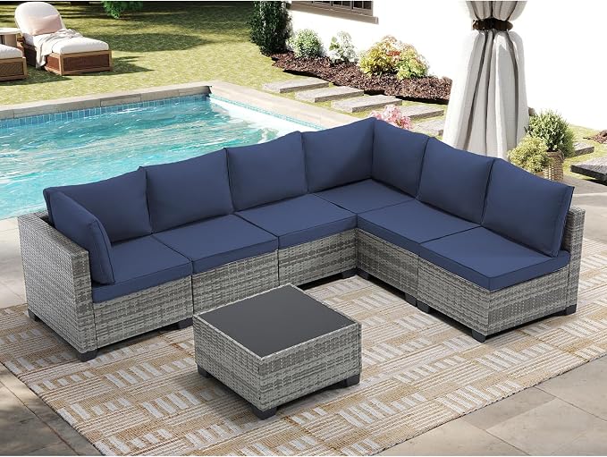 CANMOV 7 Pieces Patio Furniture Sets, All Weather Outdoor Patio Conversation Set, PE Wicker Rattan Sectional Sofa Couch Glass Coffee Table Washable Cushions for Backyard Garden,Poolside, Navy Blue