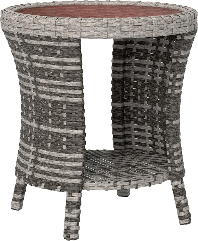 Outsunny 18" Outdoor Wicker Coffee Table, 2-Tier Patio Side Table with Storage, PE Rattan End Table with Composite Wood Top, Steel Frame for Garden Backyard Balcony, Mixed Gray