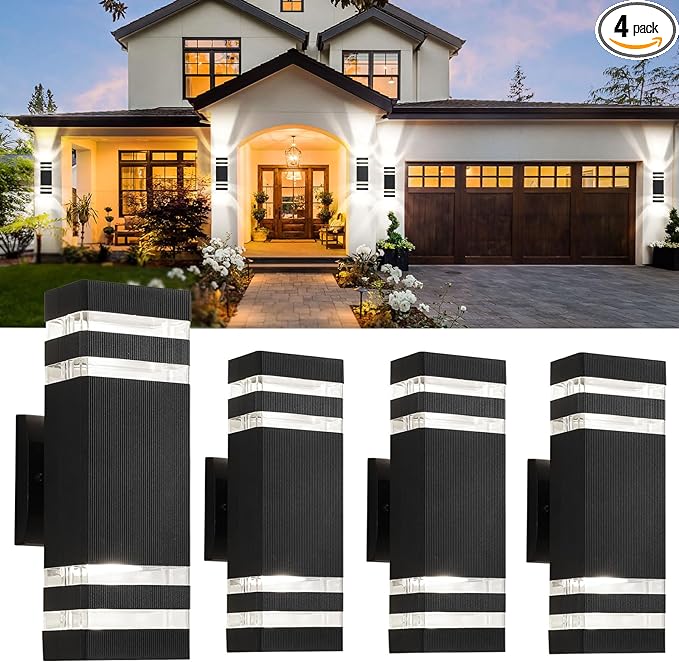 4 Pack Outdoor Wall Lights, Modern Exterior Light Fixture Wall Mount Black Outdoor Lights for House Waterproof Aluminum Up and Down Porch Lights Outdoor Wall for Porch Patio Garage, 2-Layer