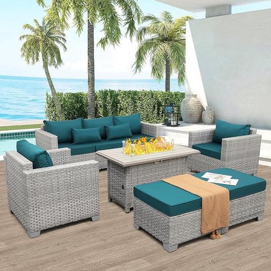 6-Piece Wicker Outdoor Patio Furniture Set with PE Rattan Sectional Sofa, Conversation Set and Fire Pit Table for Backyard Patio(Green)