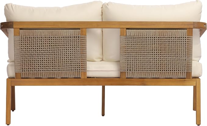 Merax 2-Piece Outdoor Loveseat & Coffee Table Set, Acacia Wood Frame with PE Wicker Back & Water-Resistant Cushions for Patio, Backyard & Poolside