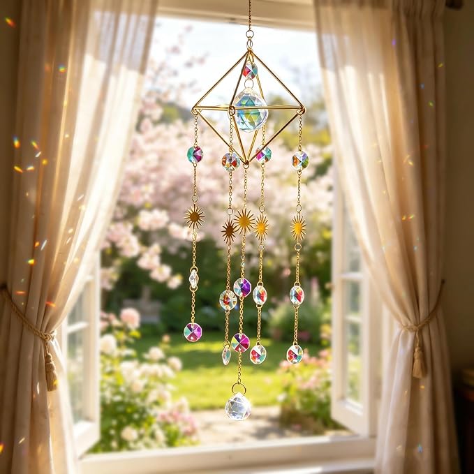 17''Crystal Prisms Suncatcher for Window Hanging Sun Catcher Indoor Window | Small Gold-Plated,Crystal Wind Chimes,Rainbow Maker,Whimsical Decor,Home Garden Christmas Tree Decoration,gift For Women Mom