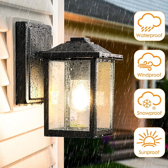 MATAMEYE Outdoor Wall Light Fixture, Exterior Waterproof Porch Lighting | Black Patio Wall Lantern, Anti-Rust, Clear Glass, E26 Socket, Wall Mount Sconce Lighting, Outside Front Door Light Entryway