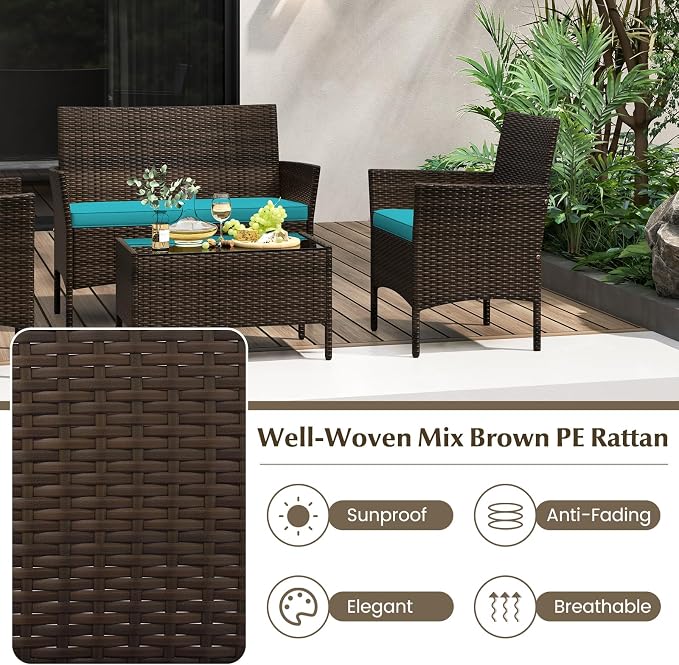 Tangkula 4 Piece Patio Rattan Conversation Set, Outdoor Wicker Furniture Set with Chair, Loveseat & Tempered Glass Table, Cozy Seat Cushions, Outside Sectional Sofa Set for Backyard (1,Turquoise)