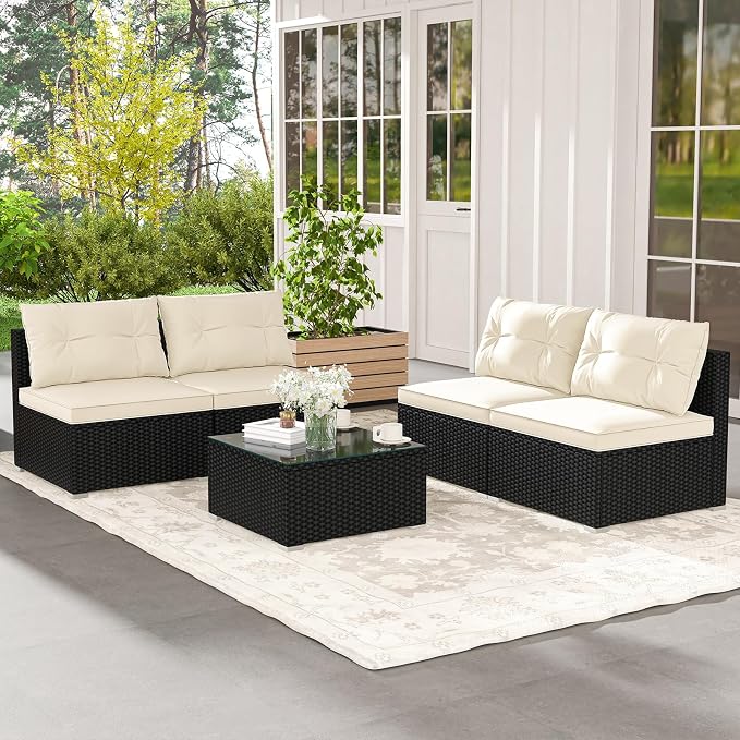5 Pieces Patio Furniture Set, Outdoor Sectional Sofa with Tempered Glass Coffee Table & Cushions, Wicker Patio Conversation Set for Porch, Deck, Balcony, Poolside & Backyard