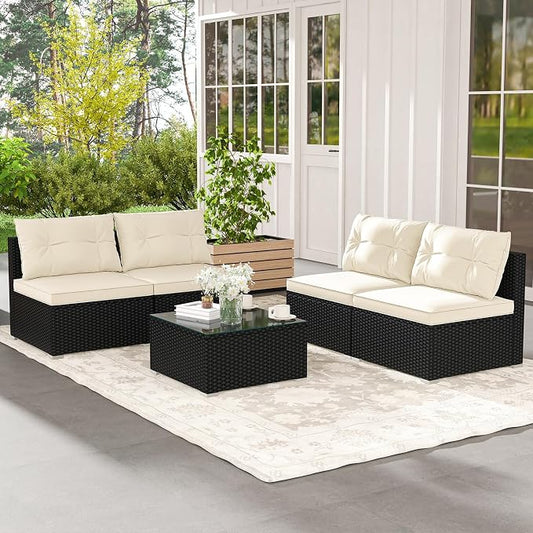 5 Pieces Patio Furniture Set, Outdoor Sectional Sofa with Tempered Glass Coffee Table & Cushions, Wicker Patio Conversation Set for Porch, Deck, Balcony, Poolside & Backyard