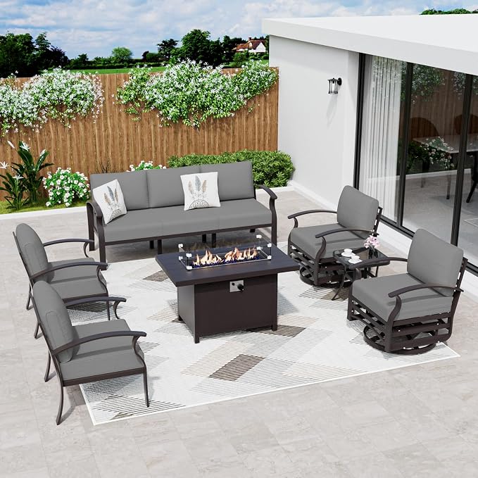 ALAULM Aluminum Patio Furniture Set with Propane Fire Pit Table Metal Outdoor Furniture w/Fire Pit Sectional w/5.1" Cushions and 7 Seats for Backyard, Poolside - Grey