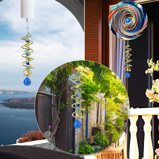 FONMY Gazing Ball Spiral Tail -Decorative Wind Spinner Sun Catcher Rainbow Maker Golden Double-Spiral W/Sea Blue Crystal Ball and Chain Crystals Beads for Indoor Outdoor Garden Decoration -14 inch H