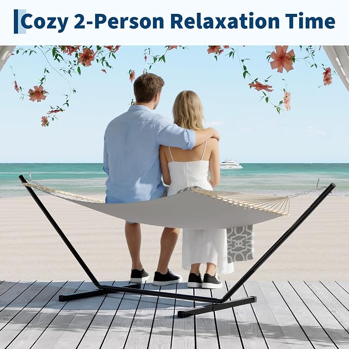 PrecisionAuto Double Quilted Fabric Hammock with Spreader Bar & Detachable Pillow, 12FT Two Person Outdoor Swing Bed Supports 450LBS for Patio Backyard Poolside Relaxation