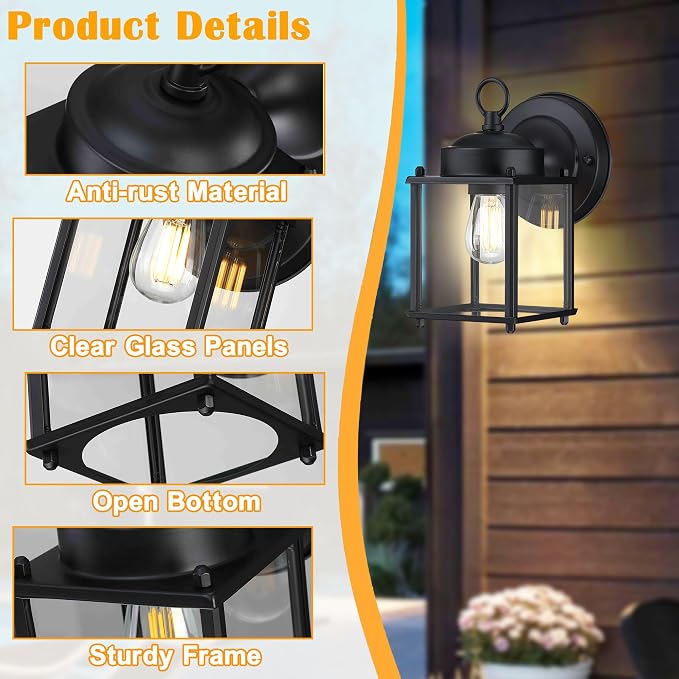 Outdoor Wall Light, Porch Lamp, Rustproof Waterproof, Black | Exterior Wall Sconce Fixture for House, Garage, Patio, Metal Housing with Glass, E26 Base, 2 Pack