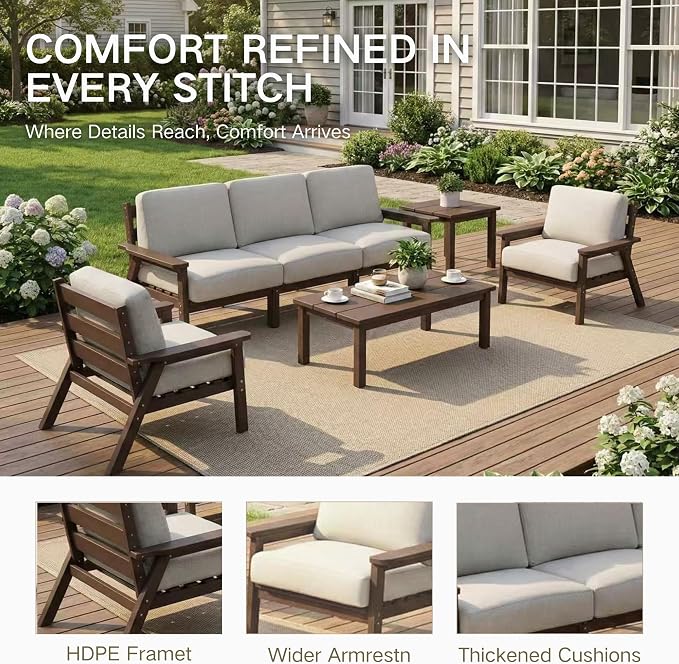 Kingdura HDPE Patio Furniture Set, 3 Piece Outdoor Sectional Sofa with Coffee Table, All Weather Outdoor Couch Conversation Set with Washable Cushions for Backyard Poolside Balcony