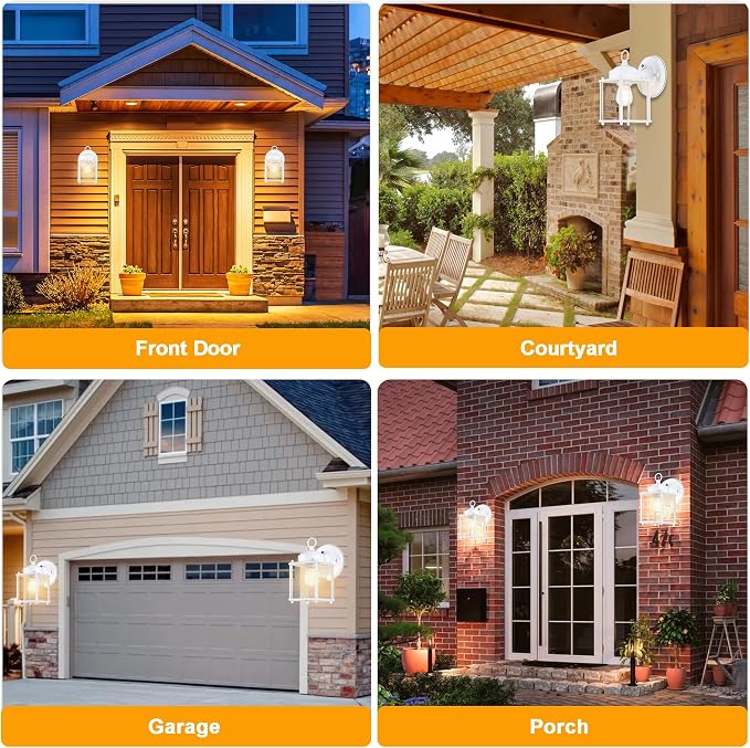 Outdoor Wall Light, Porch Lamp, Dusk to Dawn, White | Exterior Wall Sconce Fixture for House, Garage, Patio, Rustproof Waterproof, Metal Housing with Glass, E26 Base, 4 Pack