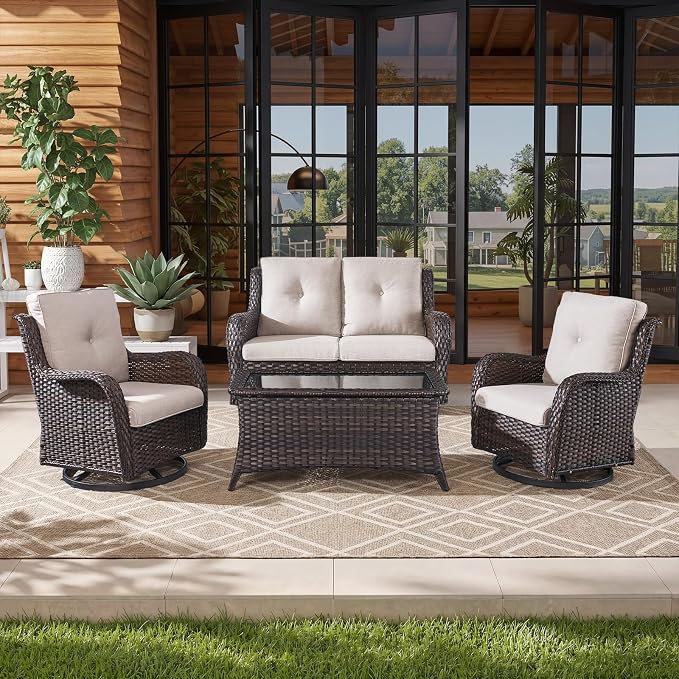 Belord 4 Piece Patio Wicker Furniture Set, Outdoor Swivel Rocker Chairs, All Weather Outdoor Patio Loveseat with Cushion and Coffee Table for Deck Porch, Brown Wicker/Beige