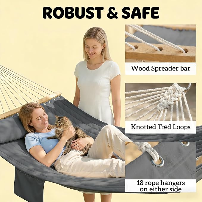 Outdoor Double Hammock with Hardwood Spreader Bars, 440 lb Capacity Patio Hammock, for Patio, Backyard, Porch, Camping & Garden, 128” x 55” (Gray)