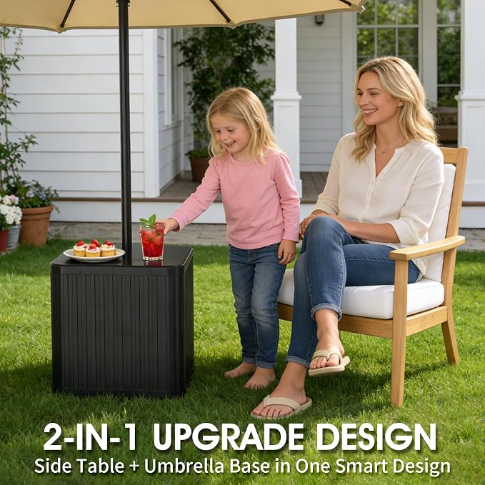 BoYata Umbrella Side Table, 2-in-1 Outdoor Side Table with Umbrella Hole, 15.9 Gallon Fillable Umbrella Stand Base, Heavy Duty & Sturdy, Fit Up to 1.5" Pole, Square Patio Side Table for Poolside, Deck