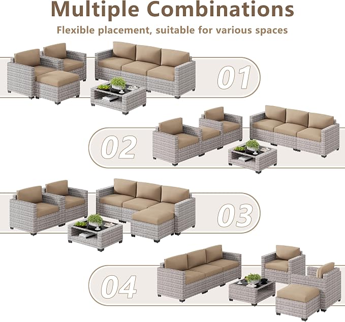 LOUVIXA 7 Piece Outdoor Patio Furniture Set, Rattan Chairs Glass Table Wicker Conversation Seating Sectional Sofa with Cushions (Grey White-Camel, 7Pcs-2 Layer Coffee Table)