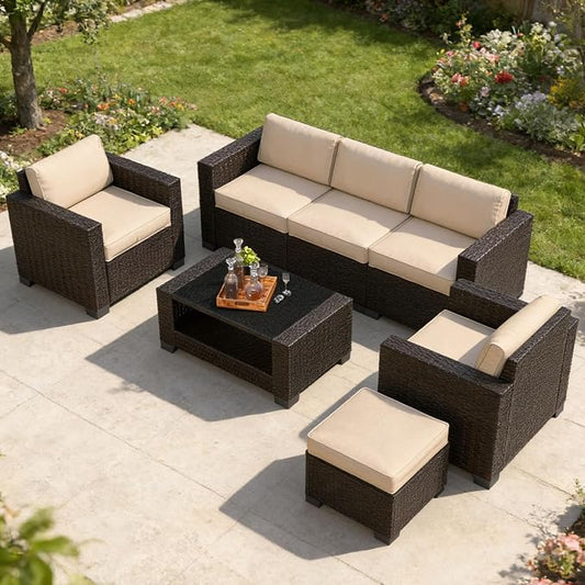 7 Piece Patio Furniture Set, Slanted Back Outdoor Sectional Sofa, Patio Conversation Sets with Cushion and Glass Table, Patio Sofa Furniture for Garden, Deck, Dark Brown Rattan & Khaki Cushions