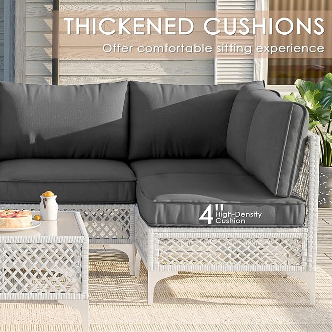 Vikiullf Patio Conversation Set, 7 Piece Outdoor Sectional Sofa Set with Coffee Table, White Wicker with Grey Cushions (White and Grey, 7 piece)