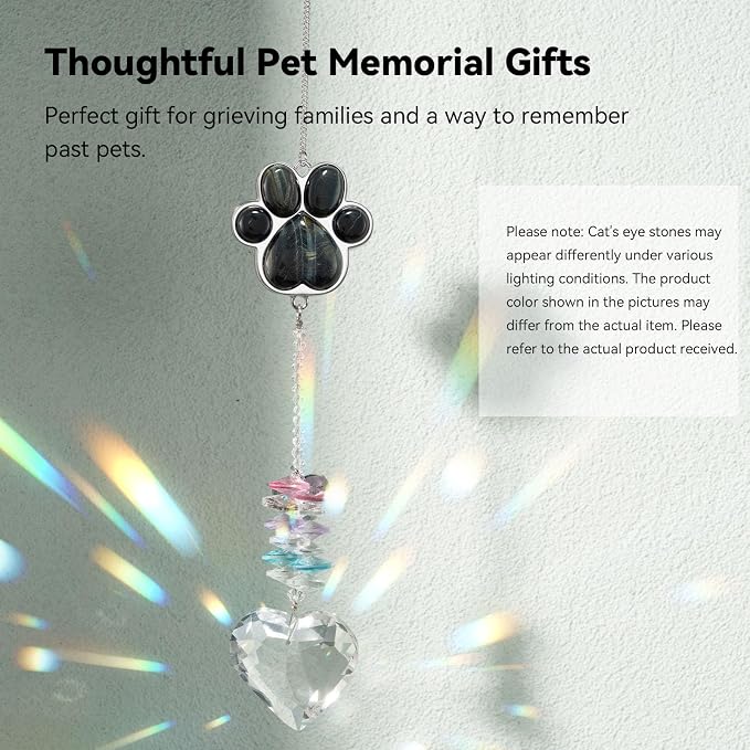 Dog Memorial Gifts, Pet Memorial Suncatcher, Loss of Dog Sympathy Gift | Thoughtful Dogs and Cats Bereavement Remembrance Gifts, Natural Cat's Eye Stone Paw Crystal Suncatcher