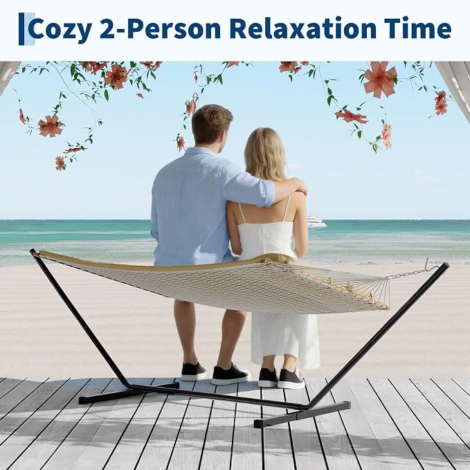 2 Person Hammock with Stand - Cotton Rope & Padded Polyester - Adjustable Steel Frame - 2-in-1 Outdoor Comfort for Patio, Backyard, Garden, Beach - Tan