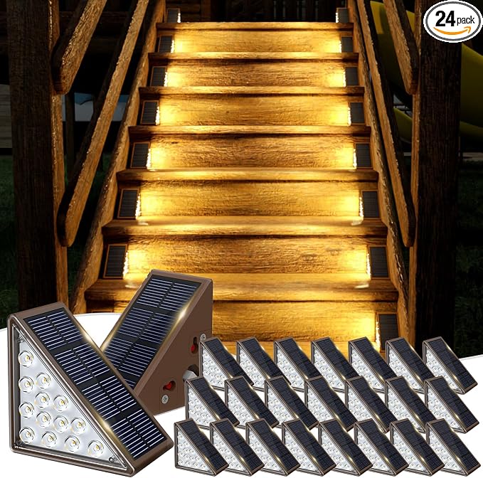 JOFIOS Solar Step Lights for Outside,24pack Solar Stair Lights Outdoor Waterproof IP67,Outdoor Deck Step Light,Solar Outdoor Lights for Staircase,Patio(Warm Brown)